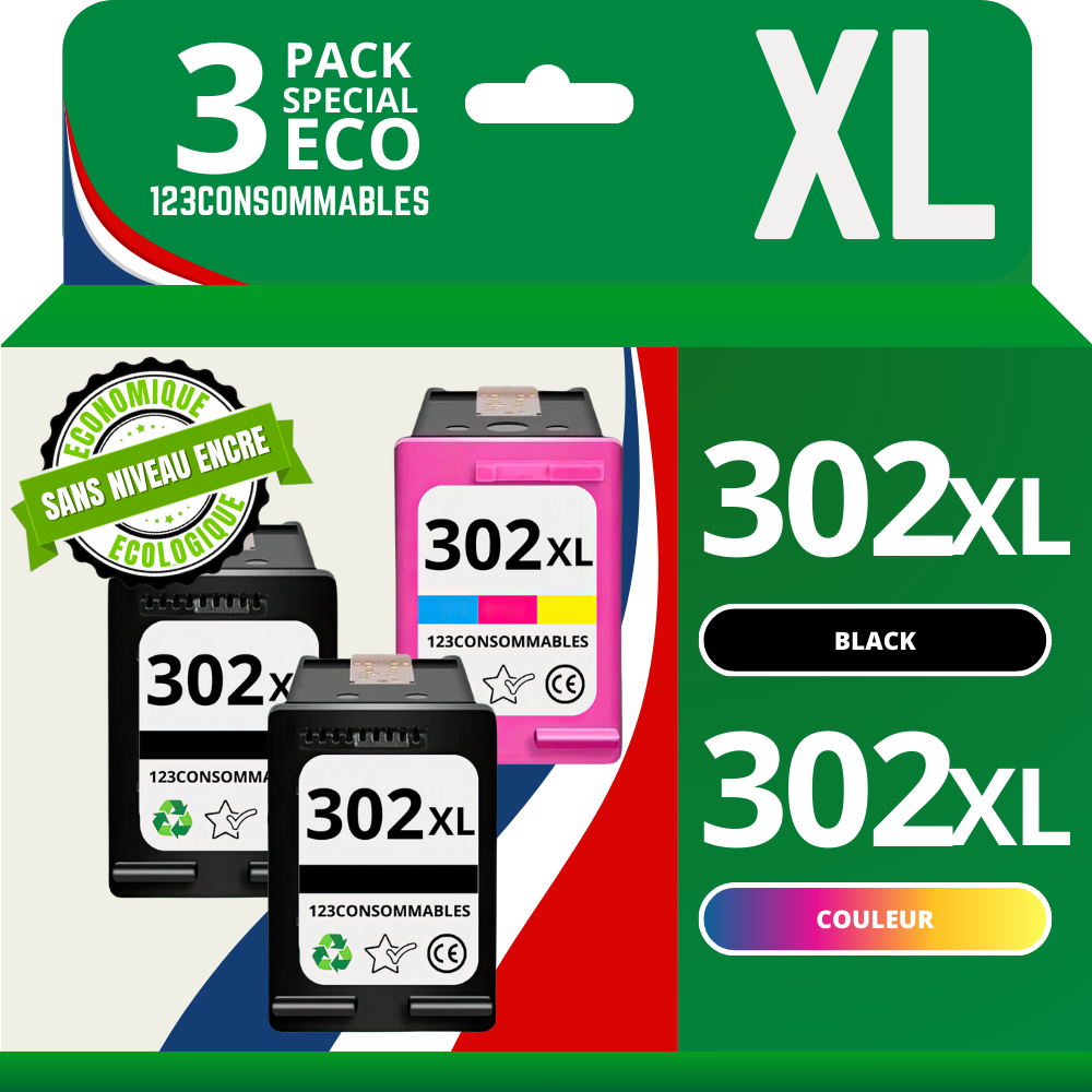 Pack 3 cartouches compatible avec HP 302 XL (2 noirs + 1 couleur) - sans niveau